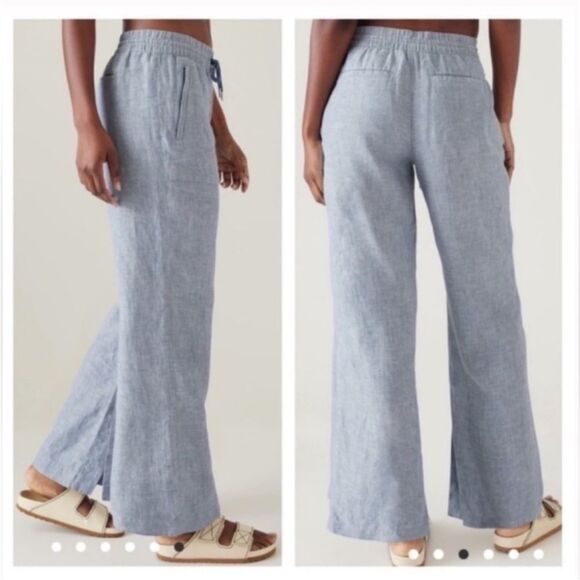 Athleta Retreat Linen Wide Leg Pants Blue Linen Pockets Boho Minimalist Coastal - Picture 2 of 16